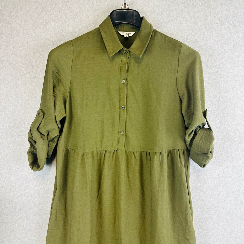 Max Studio London Womans Medium Shirt Midi Dress Roll Tab Green Tier Boho Modest - Picture 3 of 9